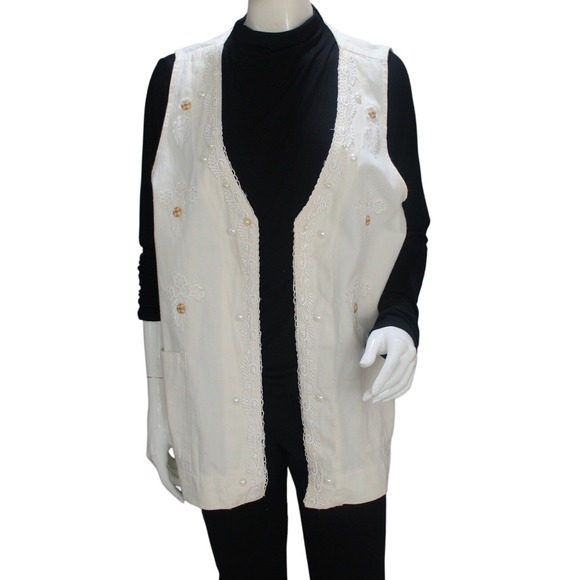 Fransa Jackets & Blazers - Frans Cream Cotton Vest Lace Pearl Detail Cottagecore Boho Y2K Size L
